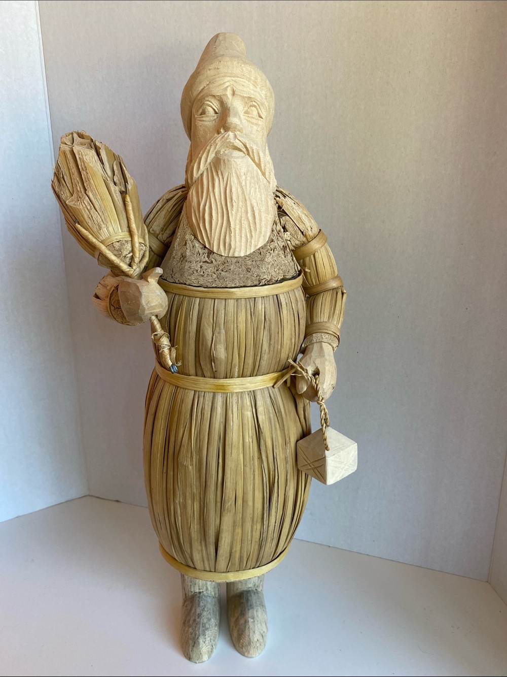 Vintage Folk Art Santa Handcrafted Corn Husk Carved Wood and Straw Figurine